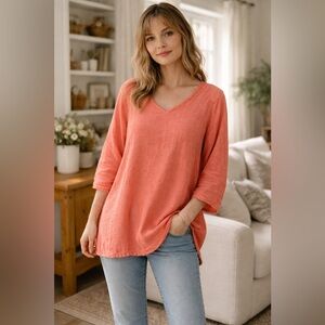 FLAX Linen Coral Tunic Top V Neck 3/4 Sleeve Relaxed Fit Women Medium